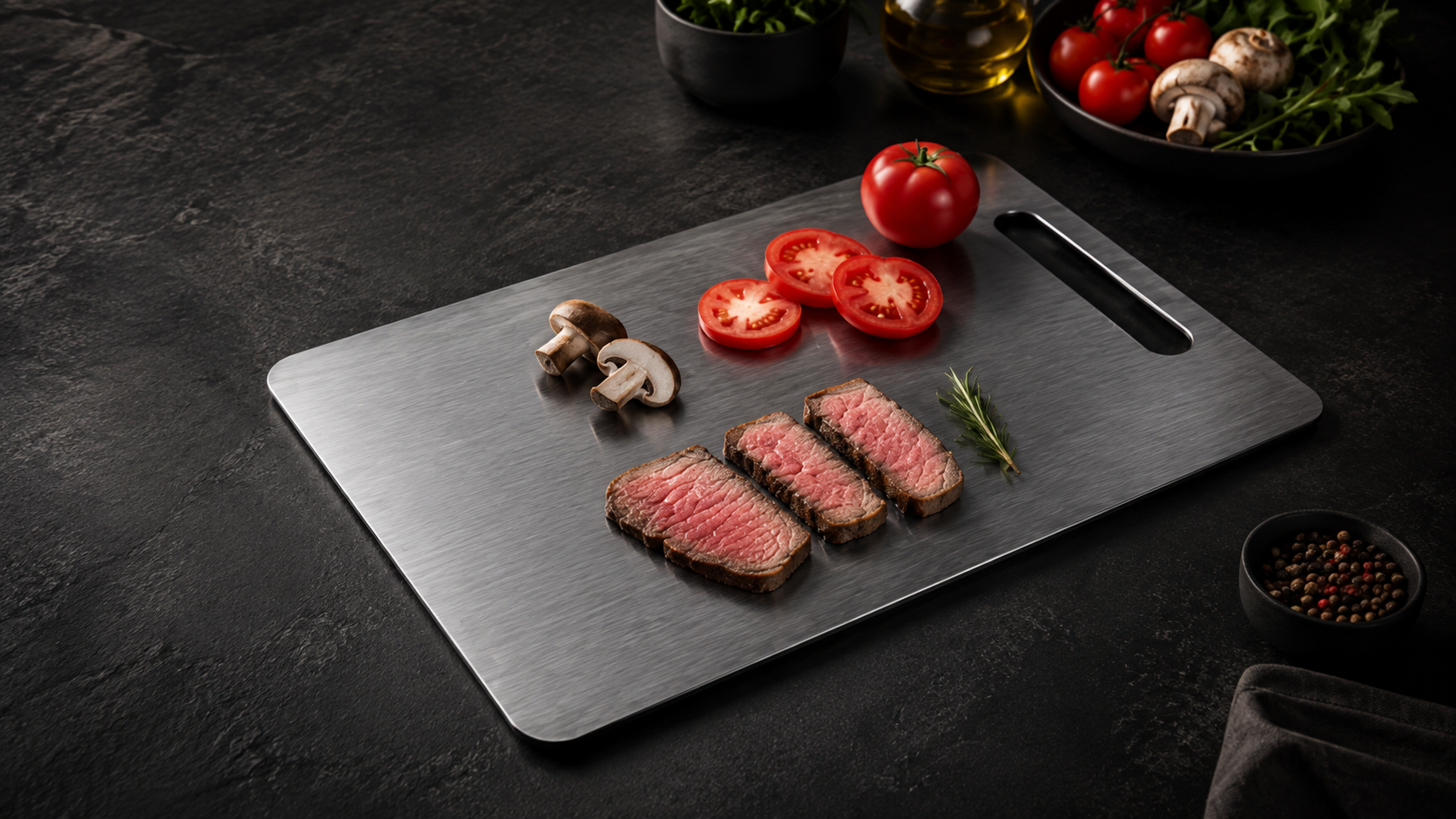 Katori titanium cutting board with brushed metallic finish on a dark kitchen counter