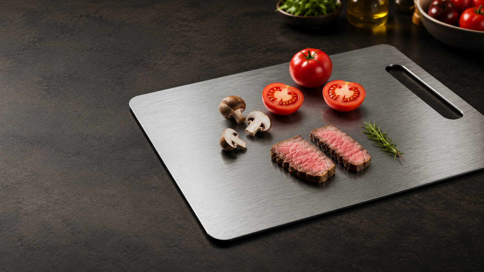 Katori titanium board on a kitchen counter
